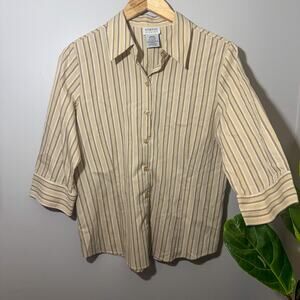 Vintage Y2K George Tan Striped 3/4 Sleeve Button Up Blouse - Size Large